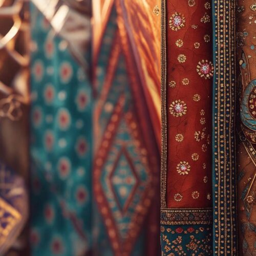 Close-up view of colorful Rajasthani embroidered fabrics with rich patterns and golden details