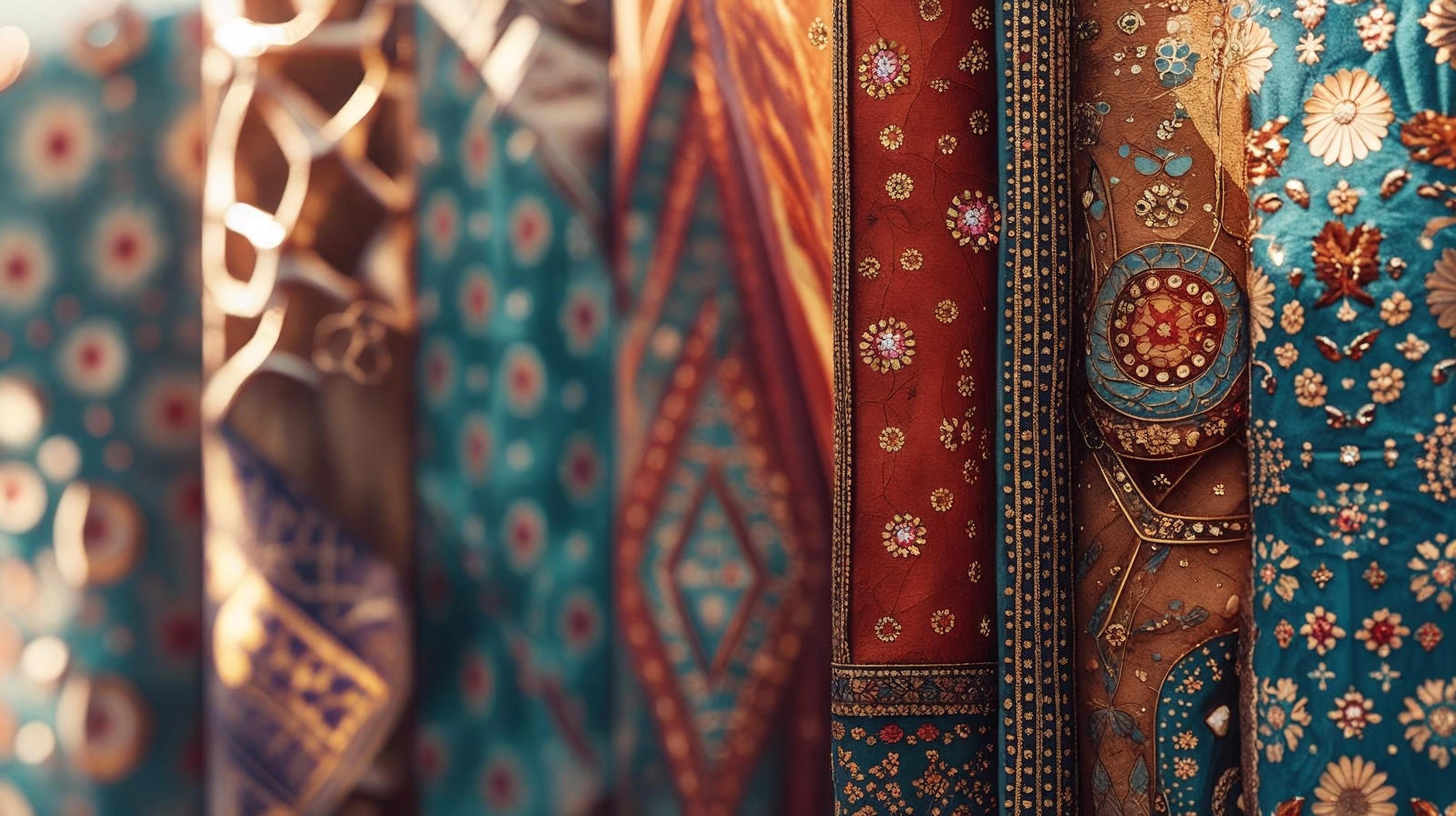 4k Pictures 1 Close-up view of colorful Rajasthani embroidered fabrics with rich patterns and golden details