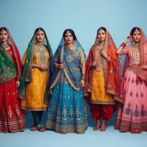 Group of women wearing colorful Rajasthani traditional dresses standing against a cool blue background – vibrant cultural fashion style.