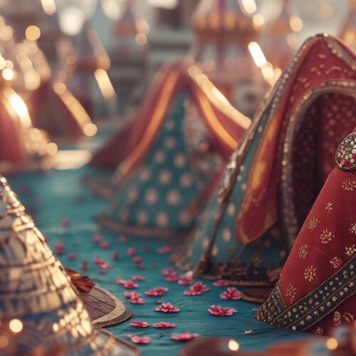 Decorative Rajasthani cone-shaped caps arranged on a table with rich embroidery and golden textures