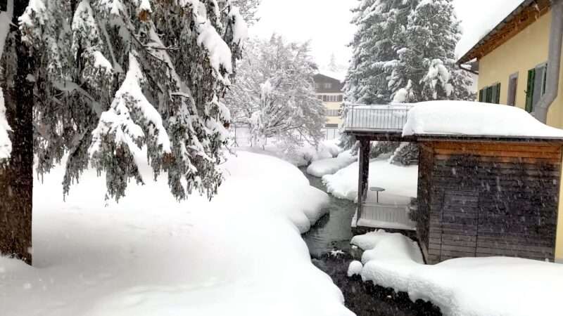 There's a calm stream running through the snowy forest, with a cozy house nestled amongst the trees behind it.