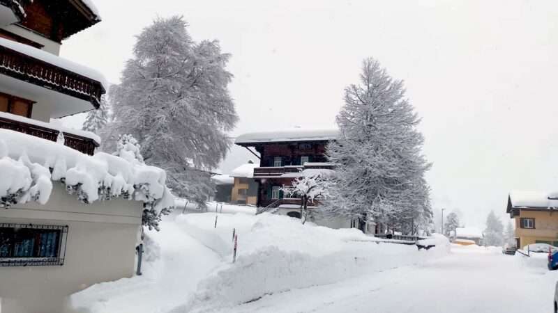 The snow-covered road is lined with houses and trees along the side, creating a serene winter Background.