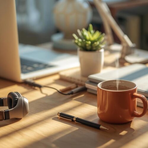 Cozy workspace with coffee cup, headphones, and laptop in morning light – relaxing 4K Cool Wallpaper