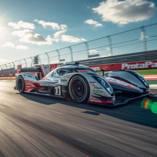 Futuristic racing car on a bright sunny race track – stunning 4K Cool Wallpaper for desktop and mobile