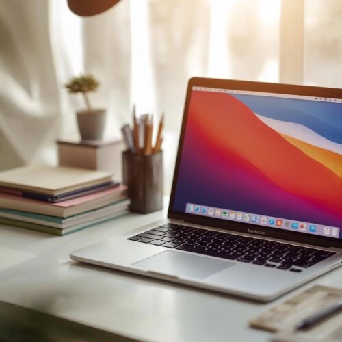 Minimalist desk setup with laptop, lamp, and plant in soft sunlight – clean 4K Cool Wallpaper