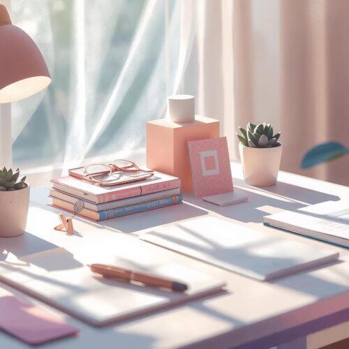 Aesthetic pastel desk setup with books, lamp, and plants near window light – 4K Cool Wallpaper