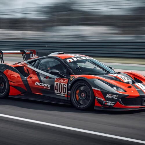 Red and black racing car speeding on a race track under clear skies – perfect 4K Cool Wallpaper