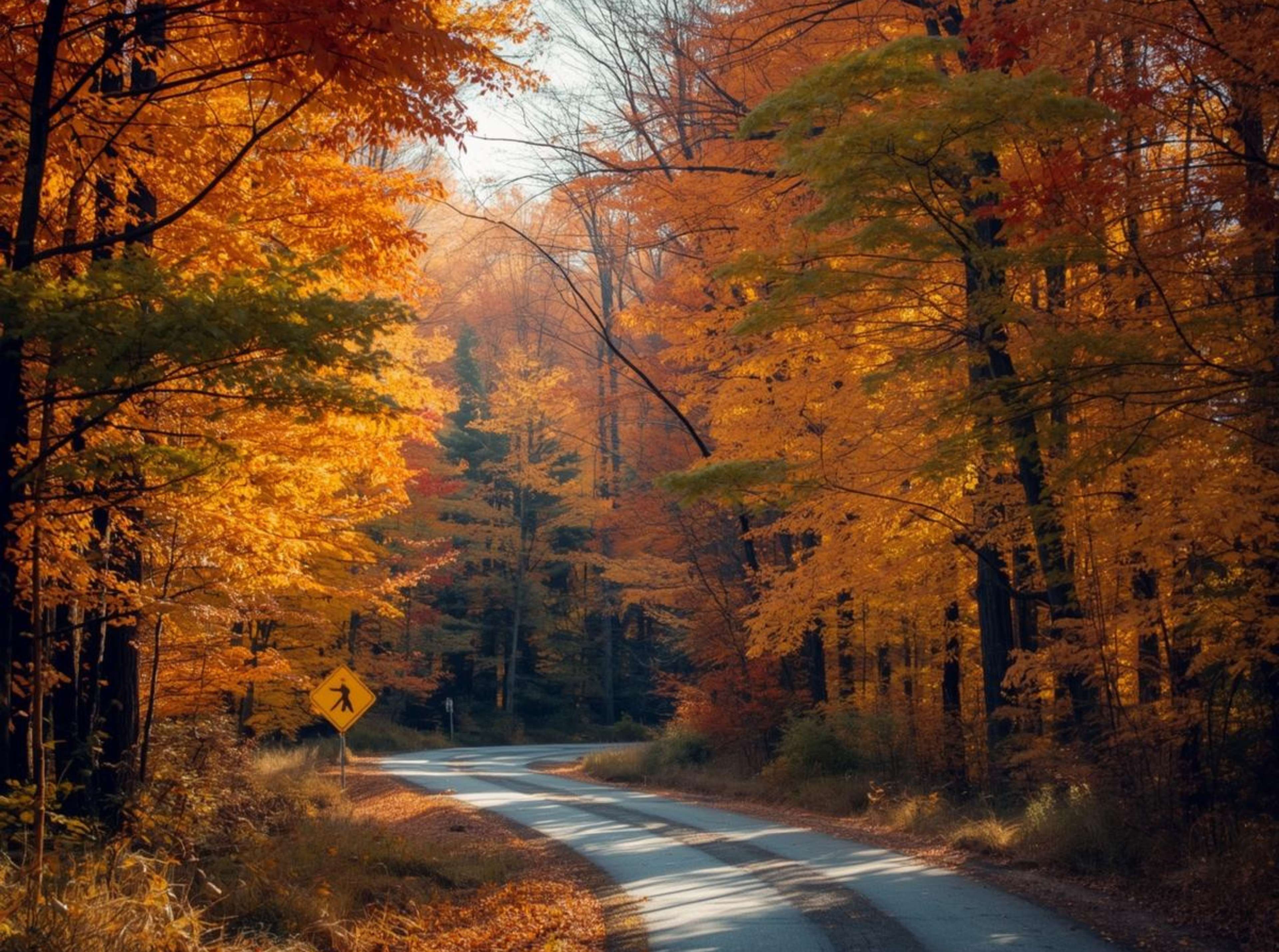 Free 4K wallpaper download of an autumn forest road.
