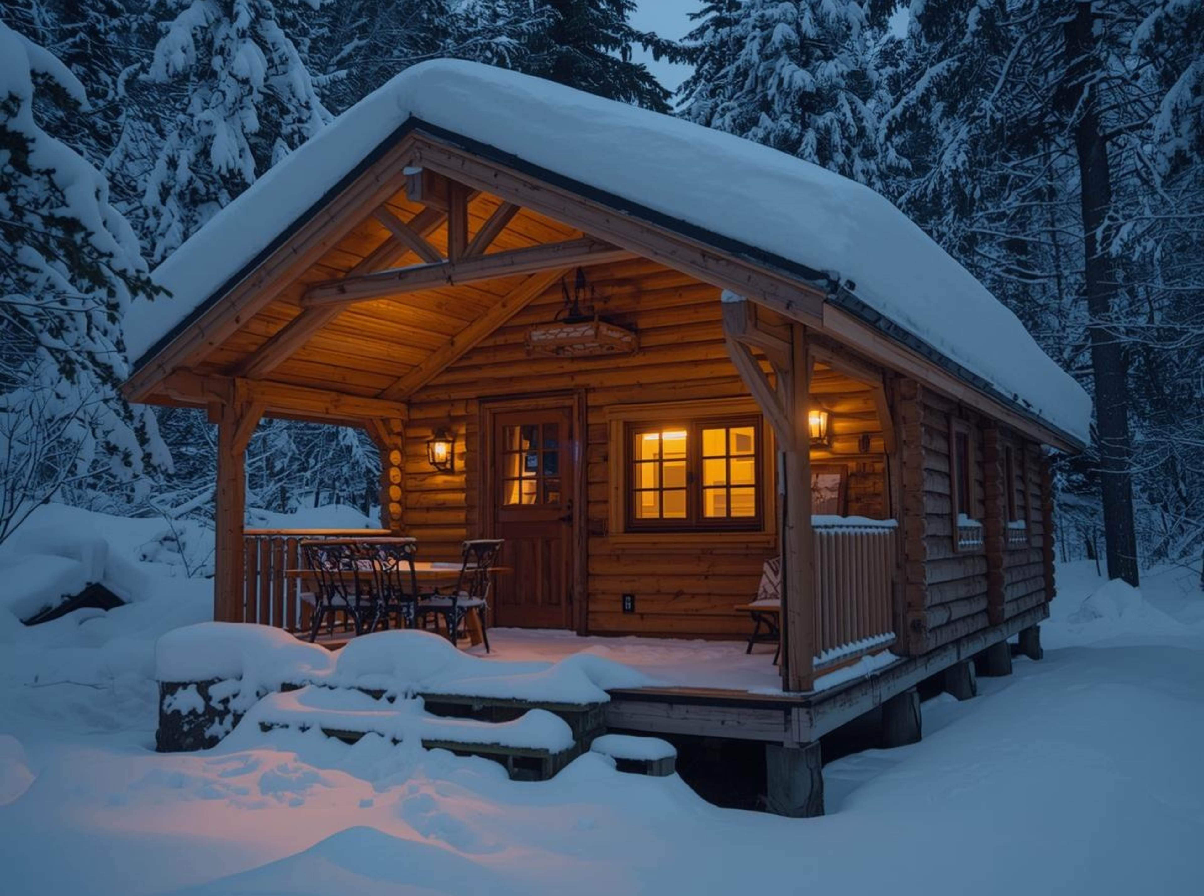 Cozy wooden cabin covered in snow winter background 4K