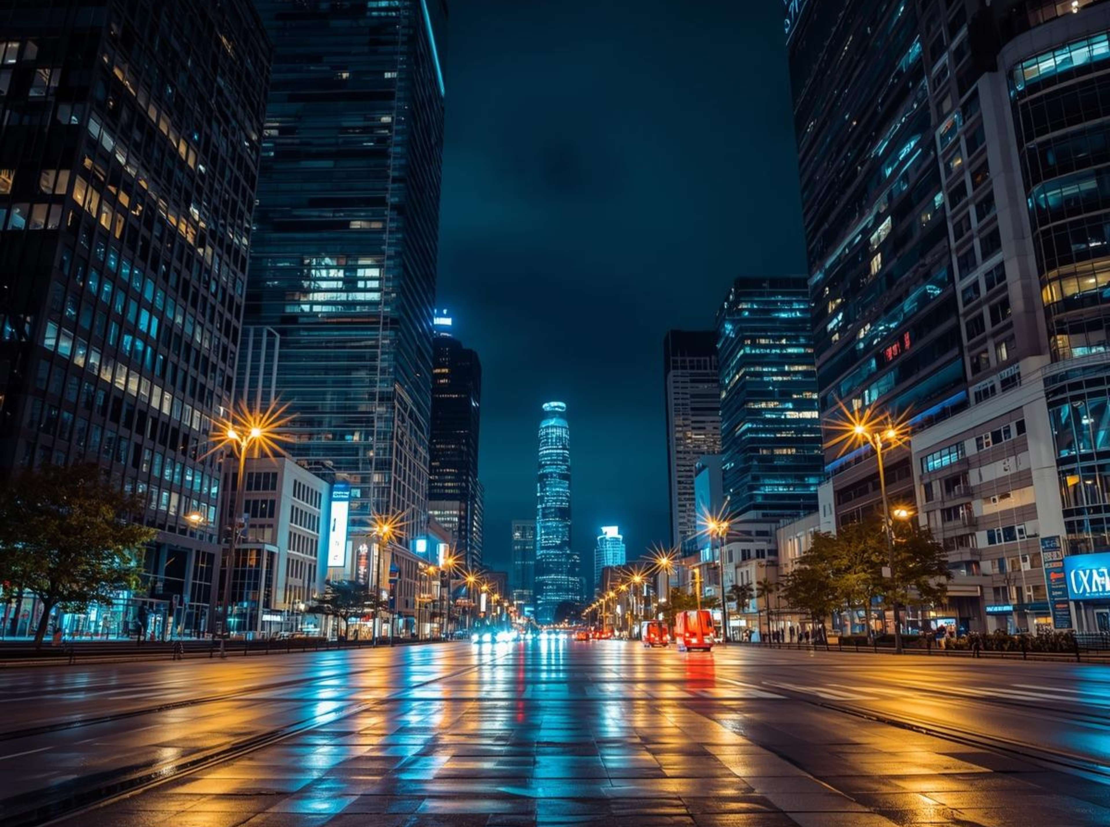 Free 4K wallpaper of a modern city nightscape with glowing lights.