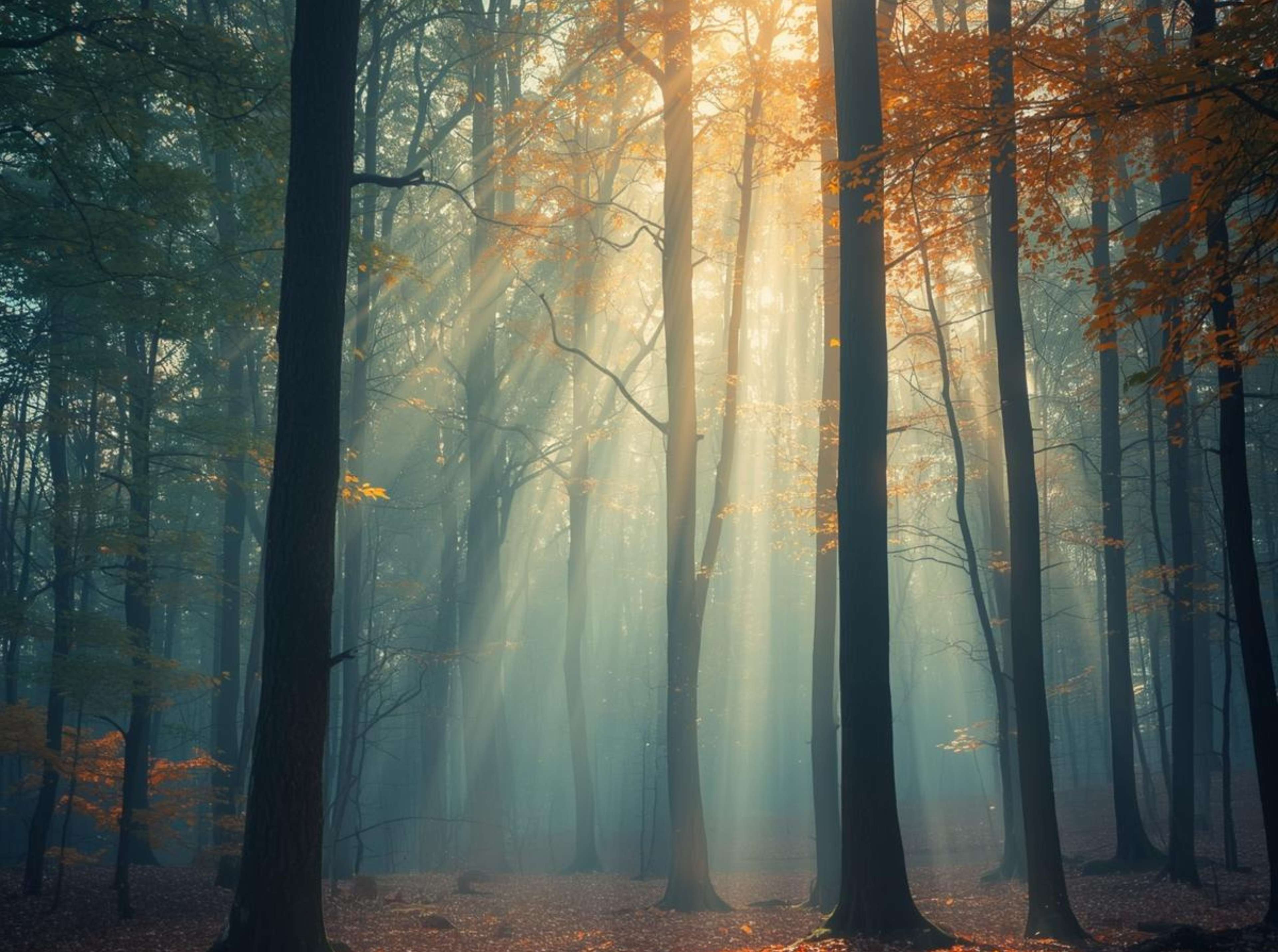 Free 4K image of a forest with sunlight rays – royalty-free nature wallpaper.