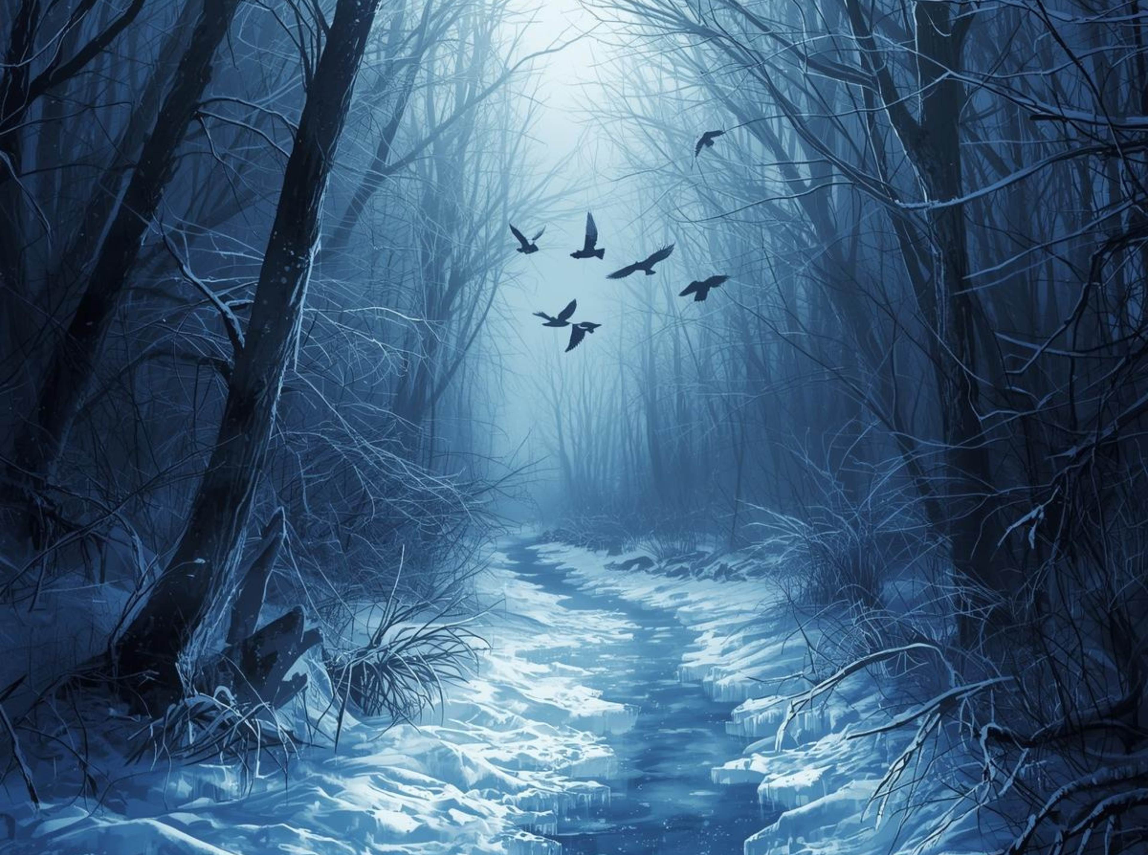 Frozen forest path winter wallpaper 4K with icy branches