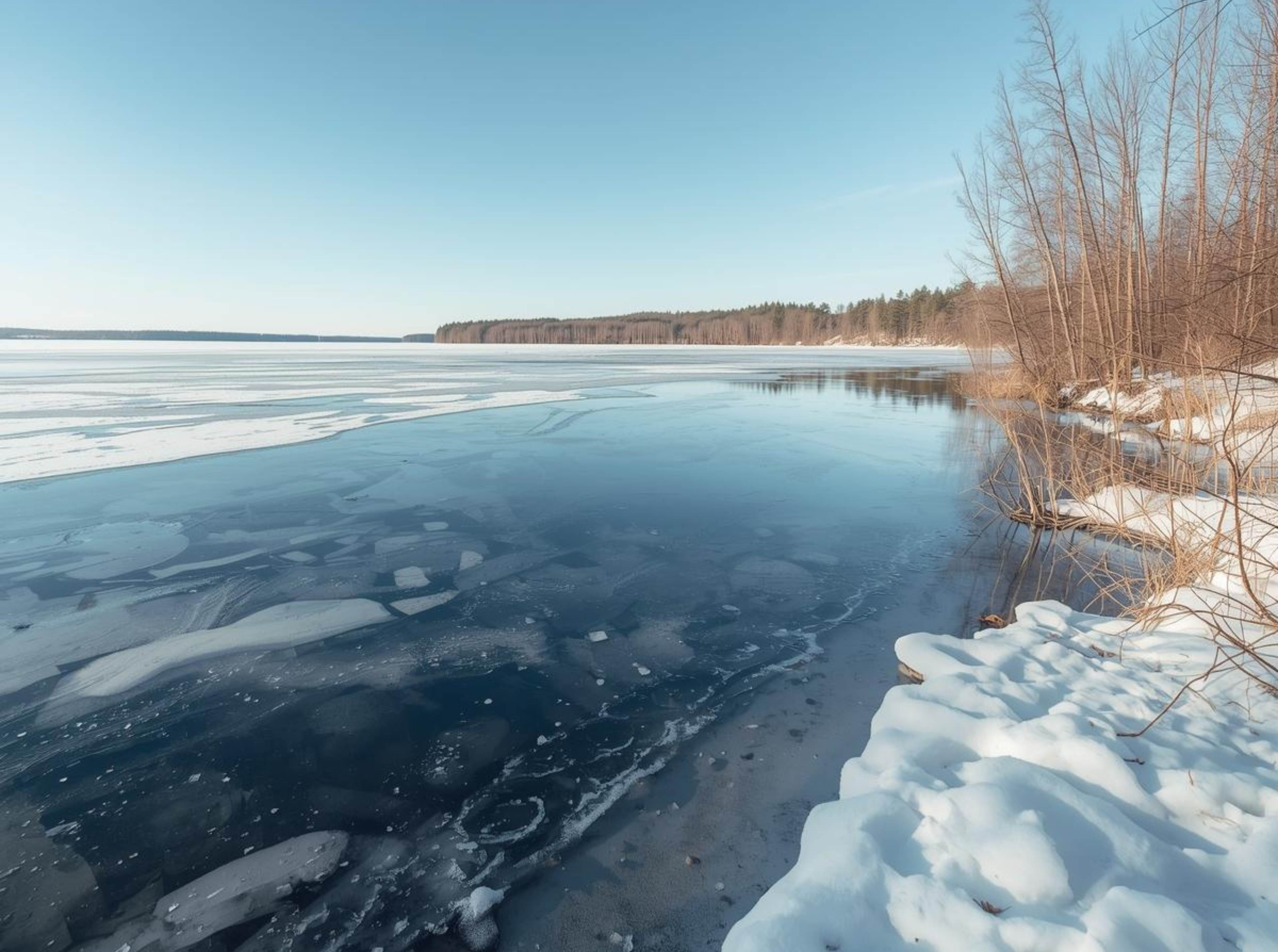 Frozen lake winter background with icy reflections in 4K
