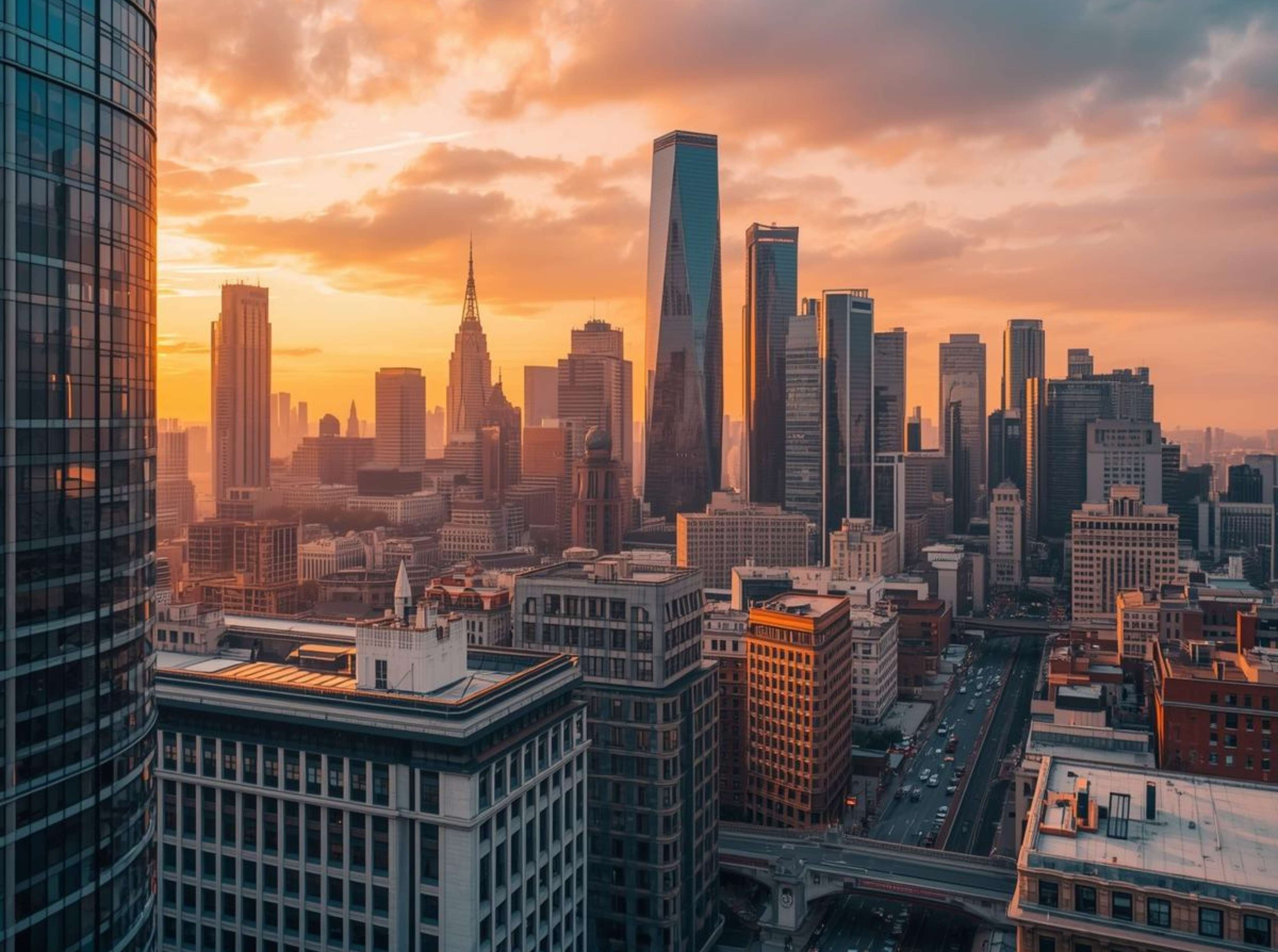 Free 4K image of a golden hour cityscape skyline.