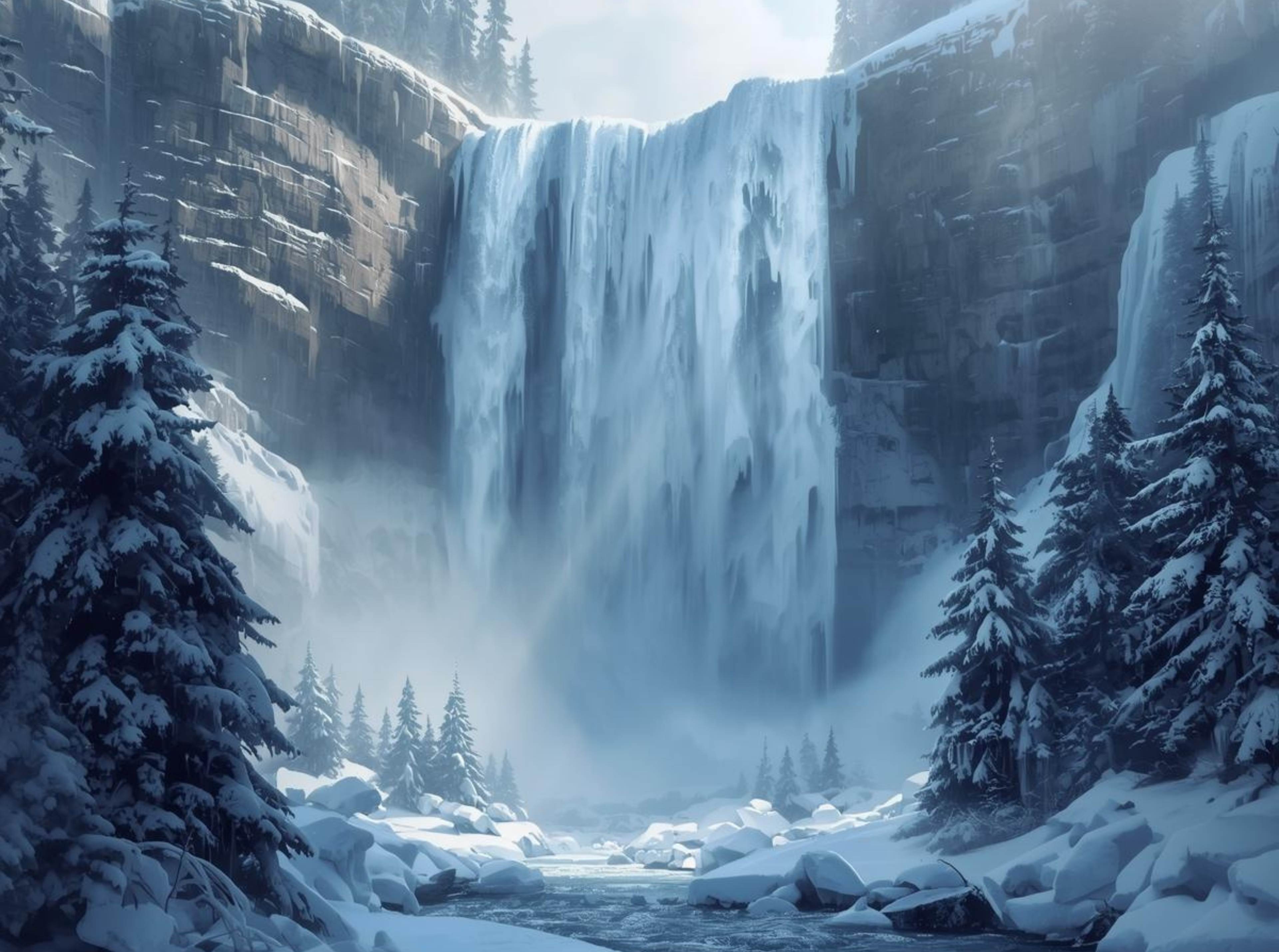Majestic icy waterfall winter background in 4K UHD