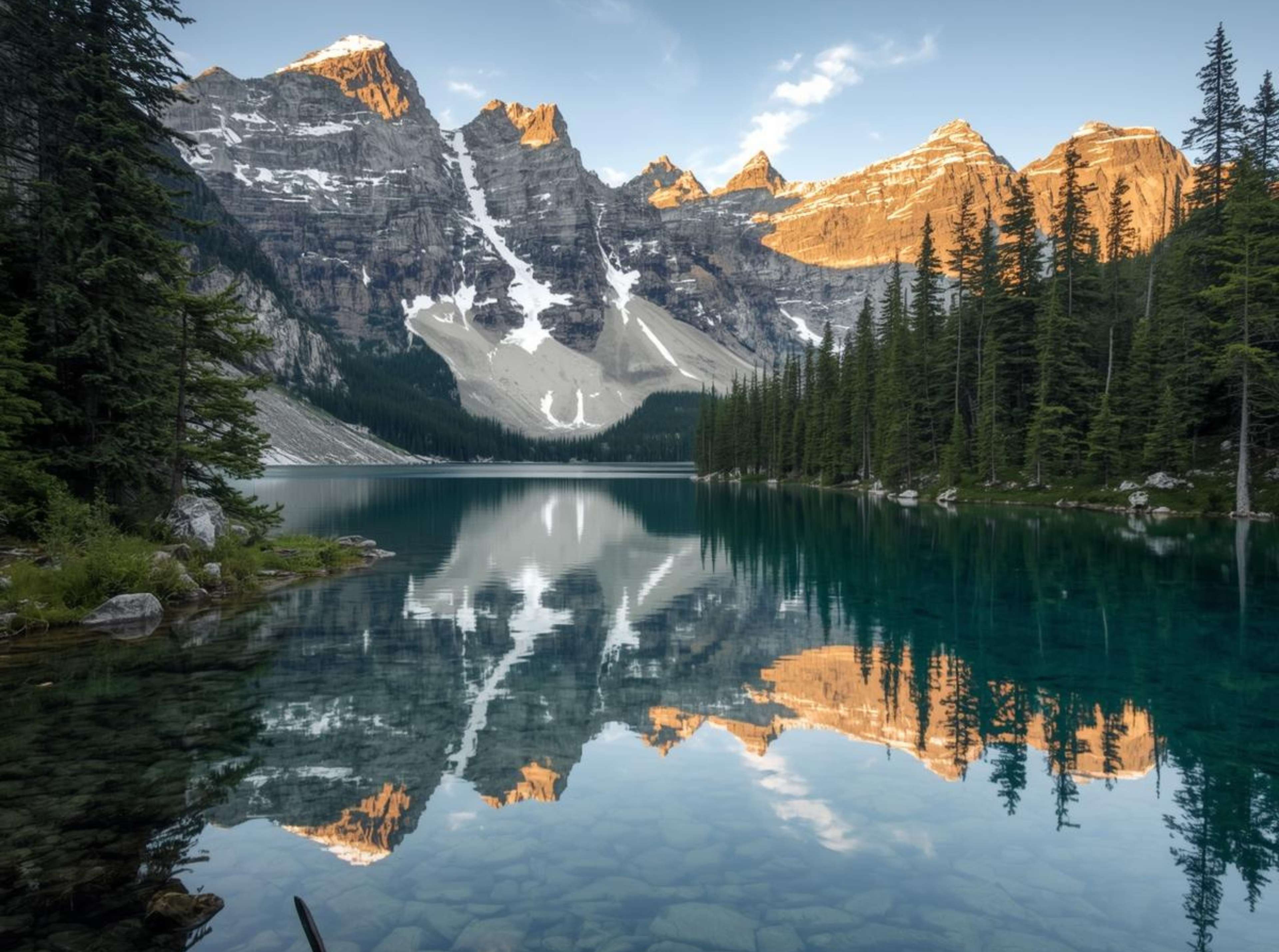 Royalty-free 4K picture of a calm mountain lake with crystal water.