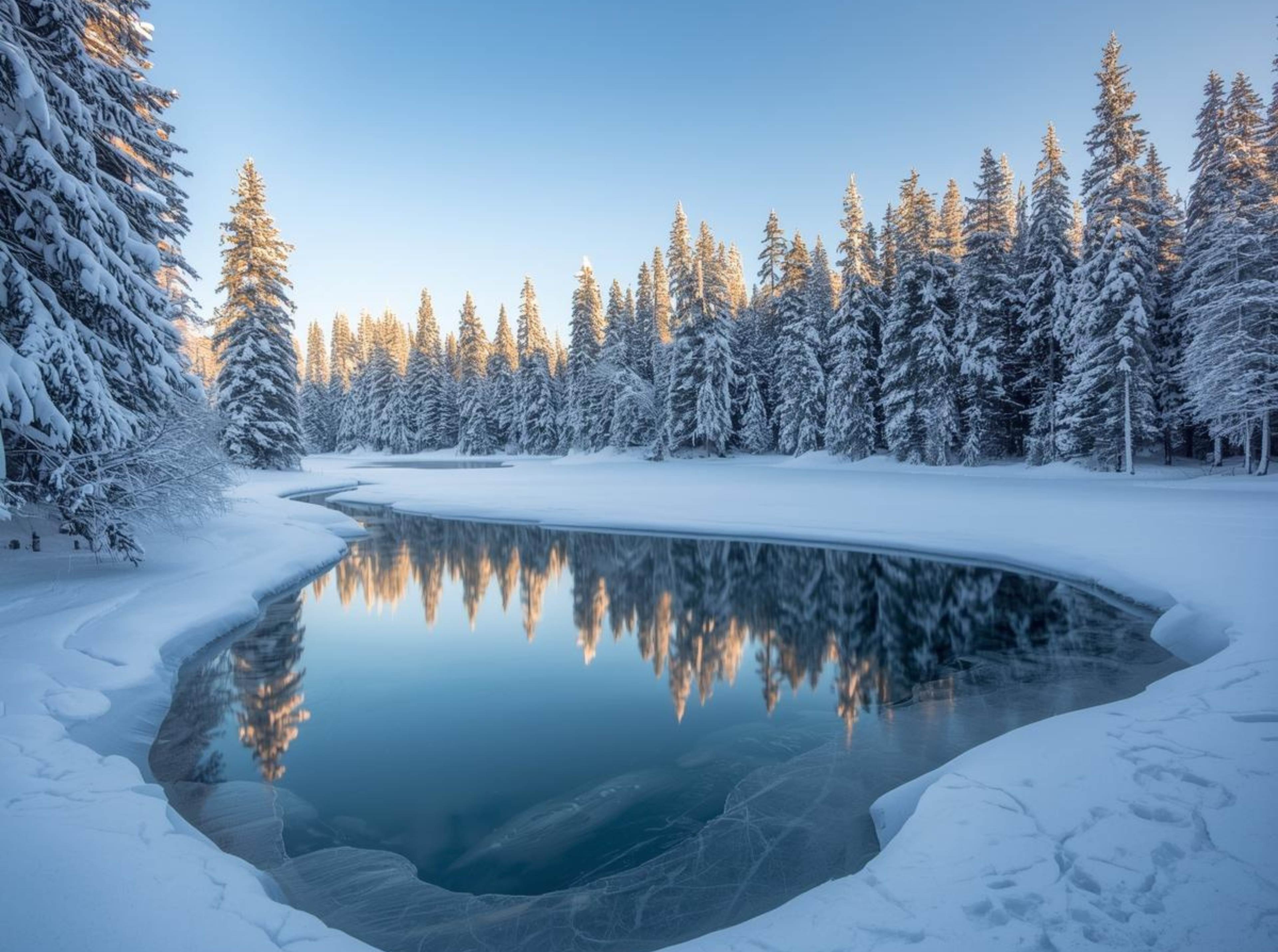 Snowy forest lake winter background HD for desktops