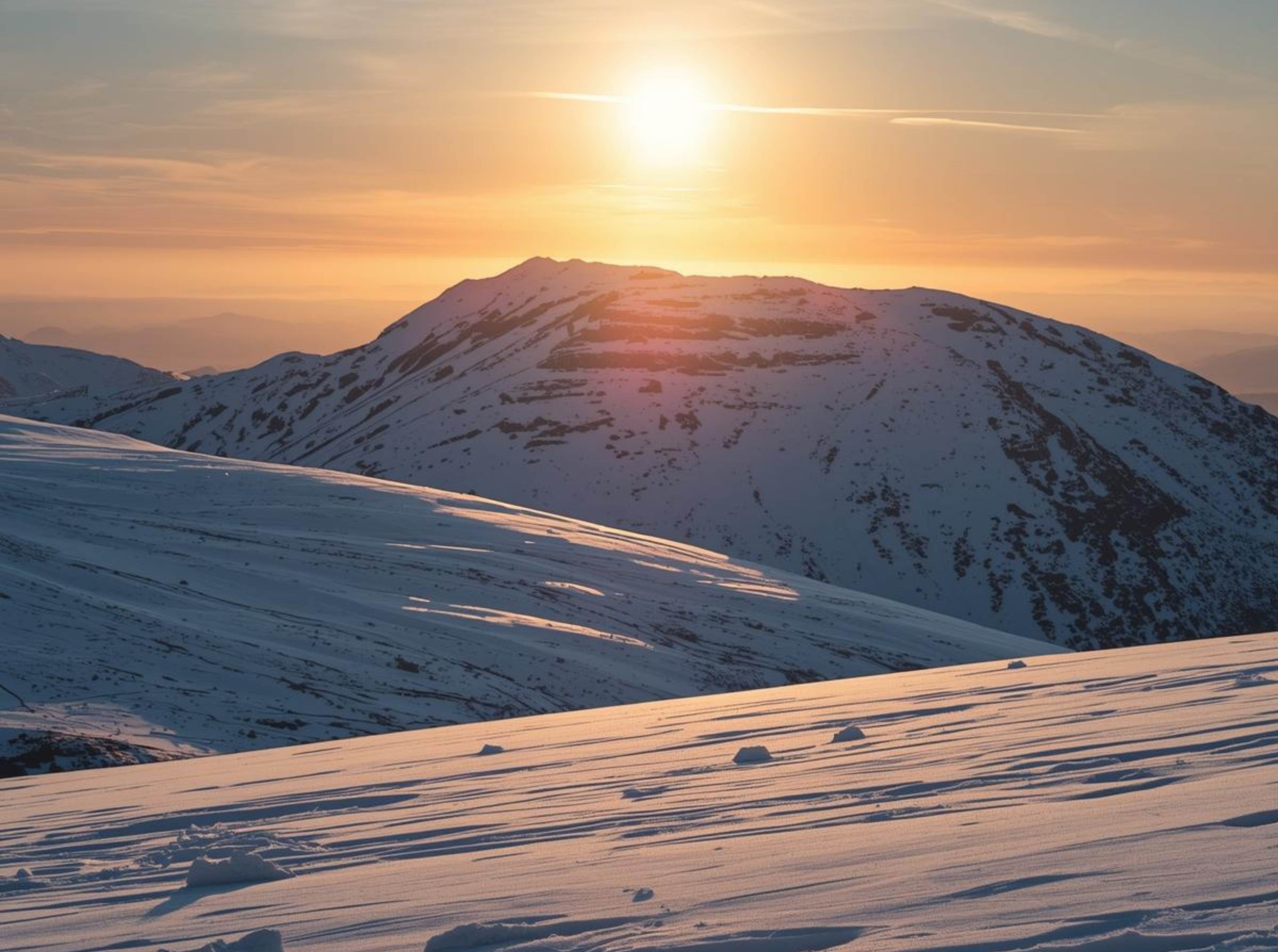 Sunrise over snowy hills winter background in 4K clarity