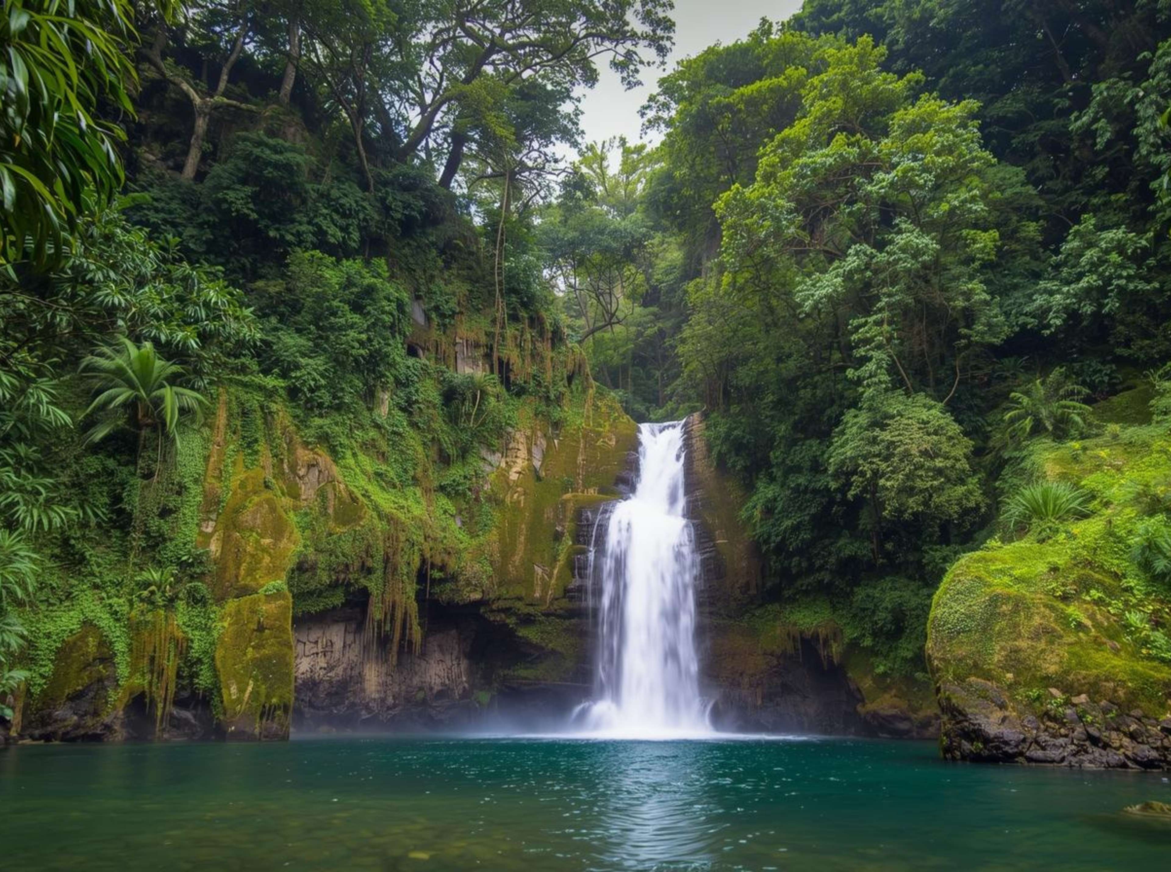 Royalty-free 4K image of a jungle waterfall landscape.