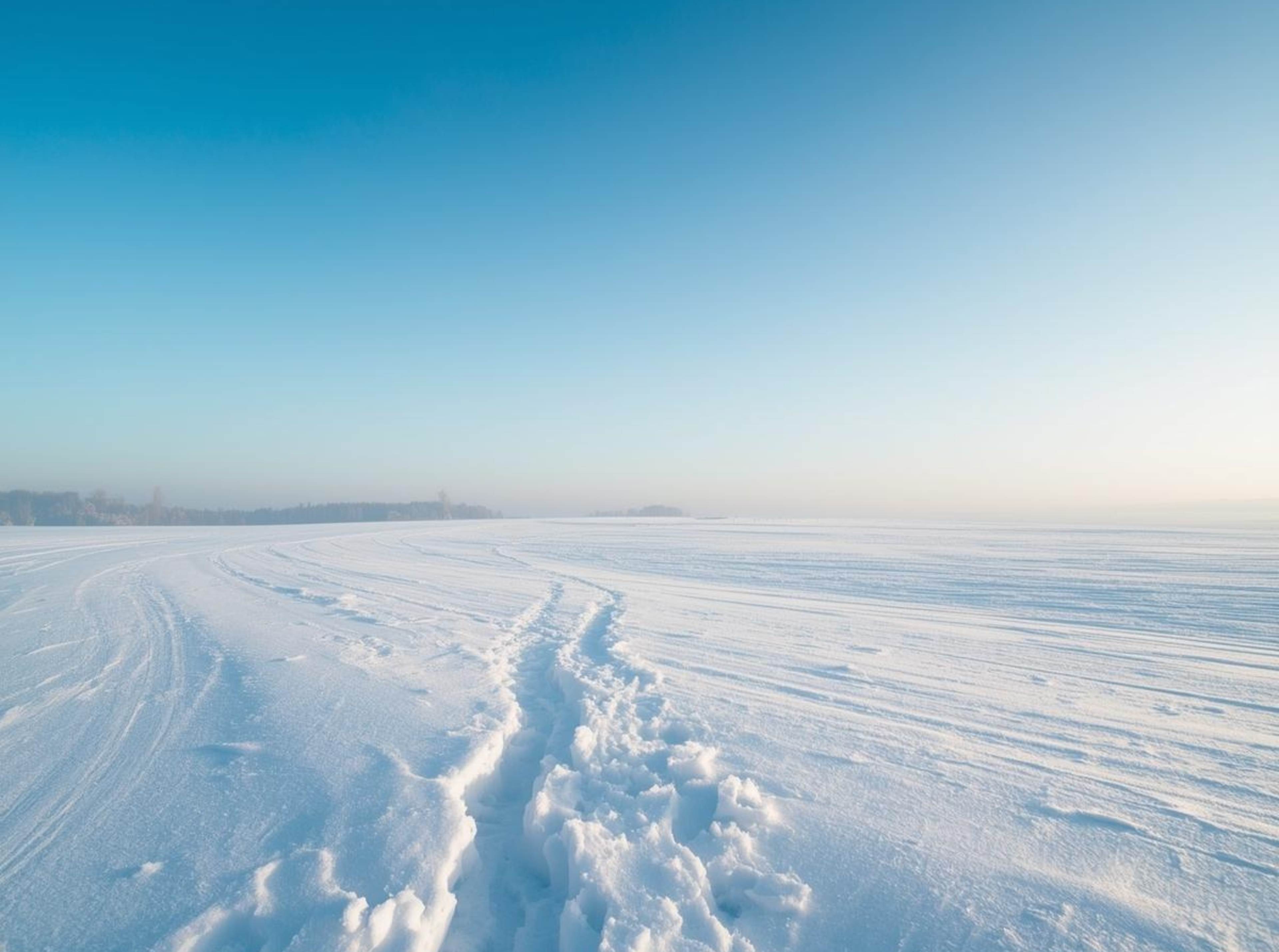 White snow field winter background with blue sky in 4K