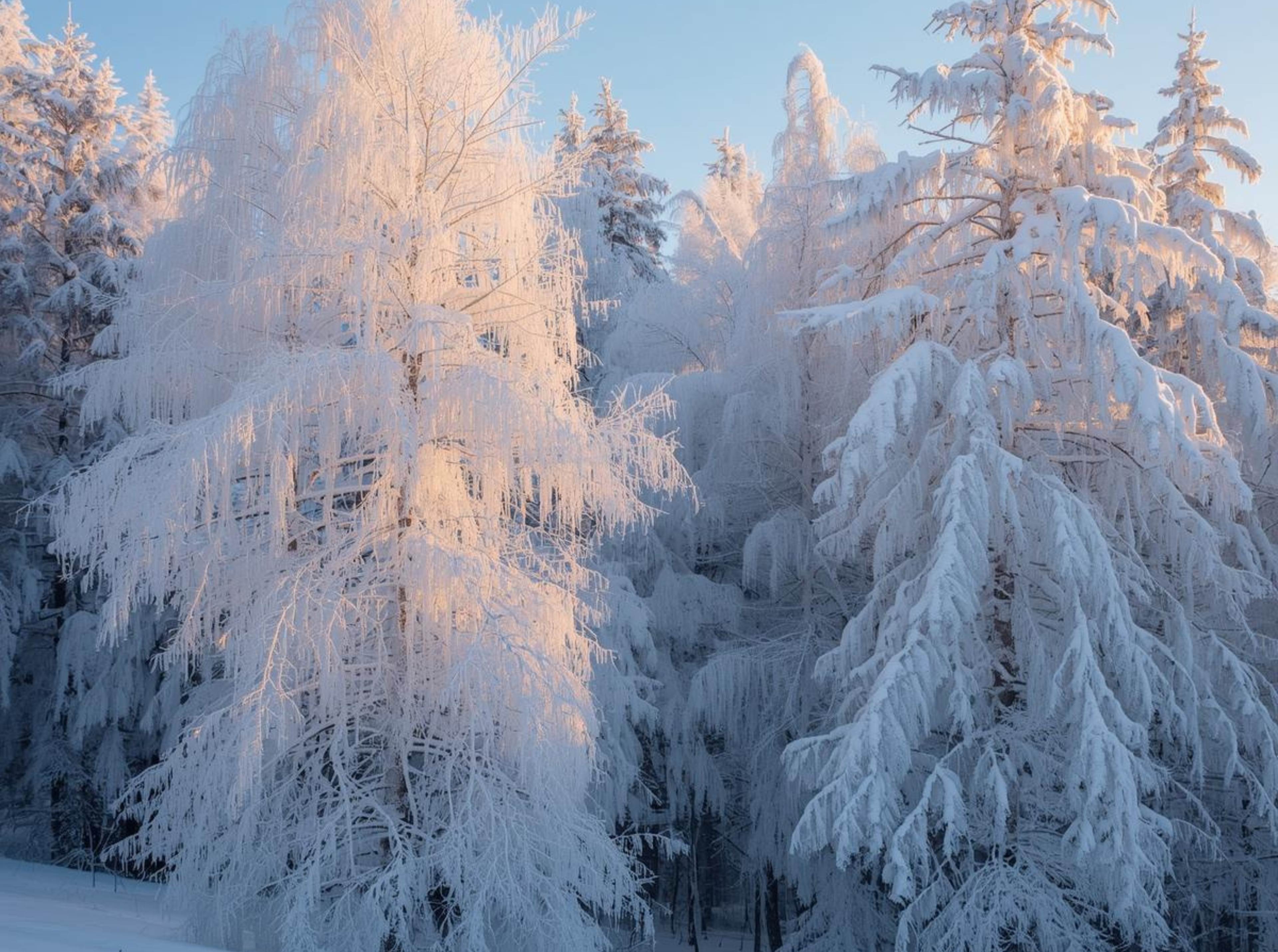 Beautiful snow forest winter background in 4K with frosty trees