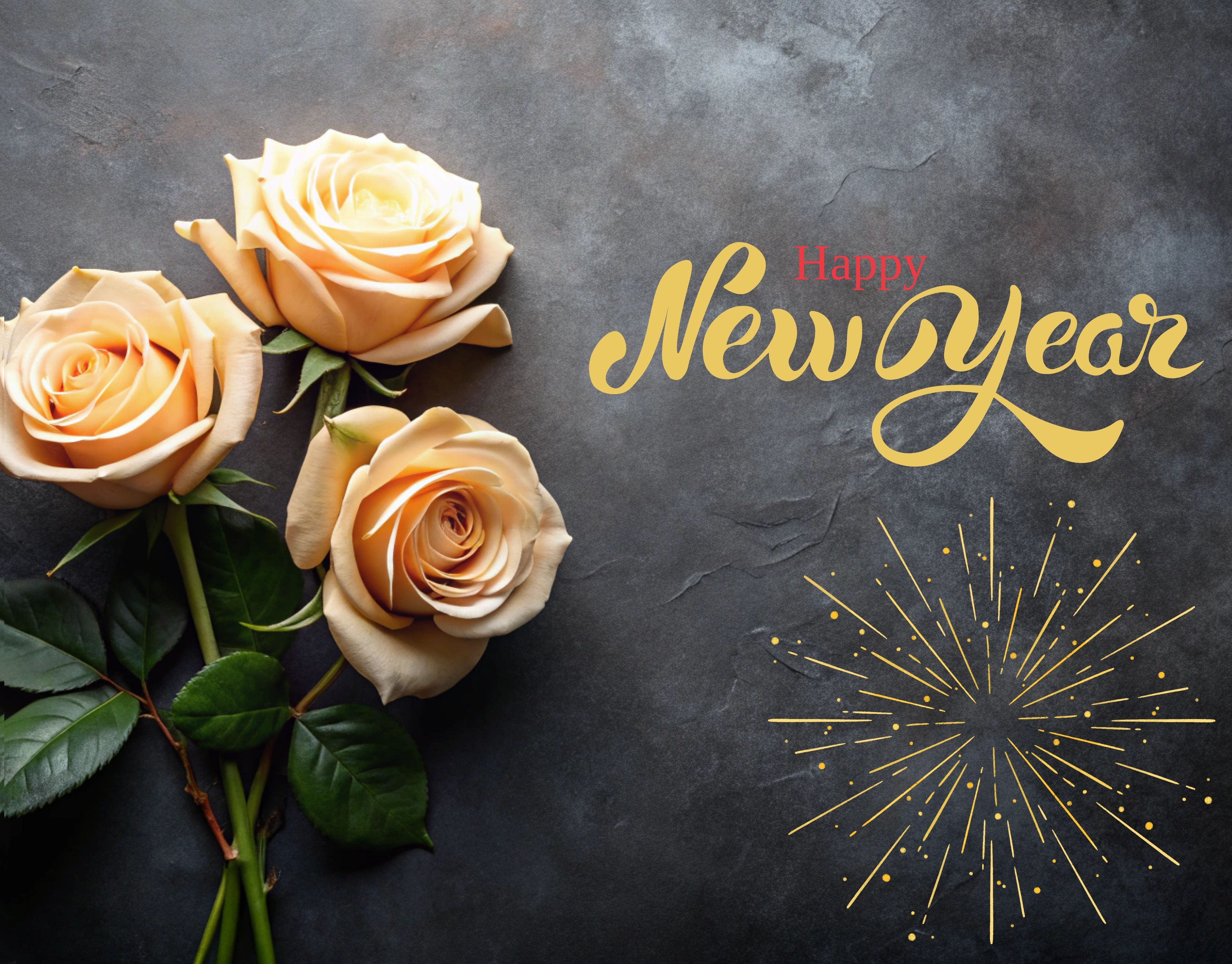 Happy New Year wishes image with flowers and fireworks design