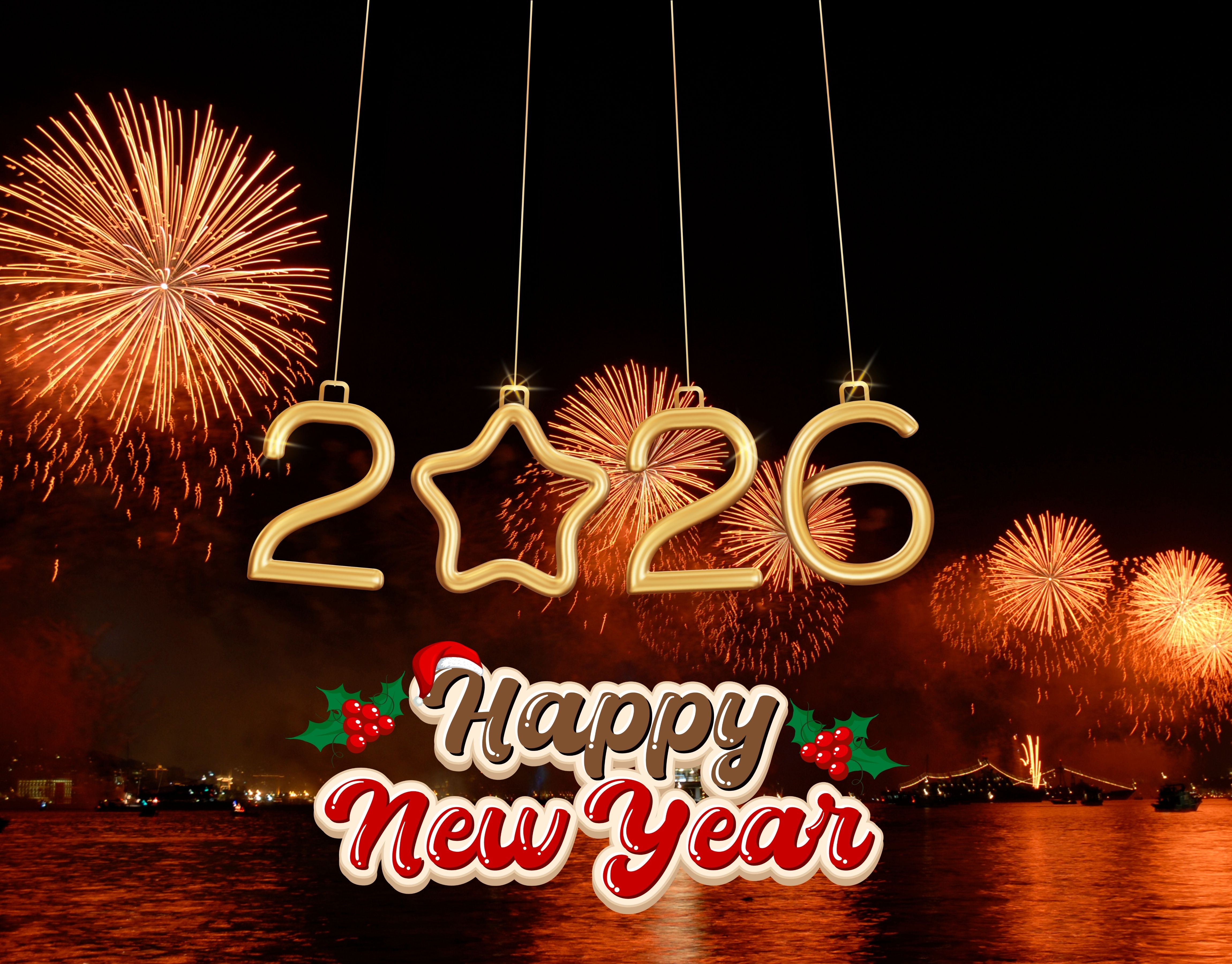 Happy New Year celebration with fireworks and festive lights