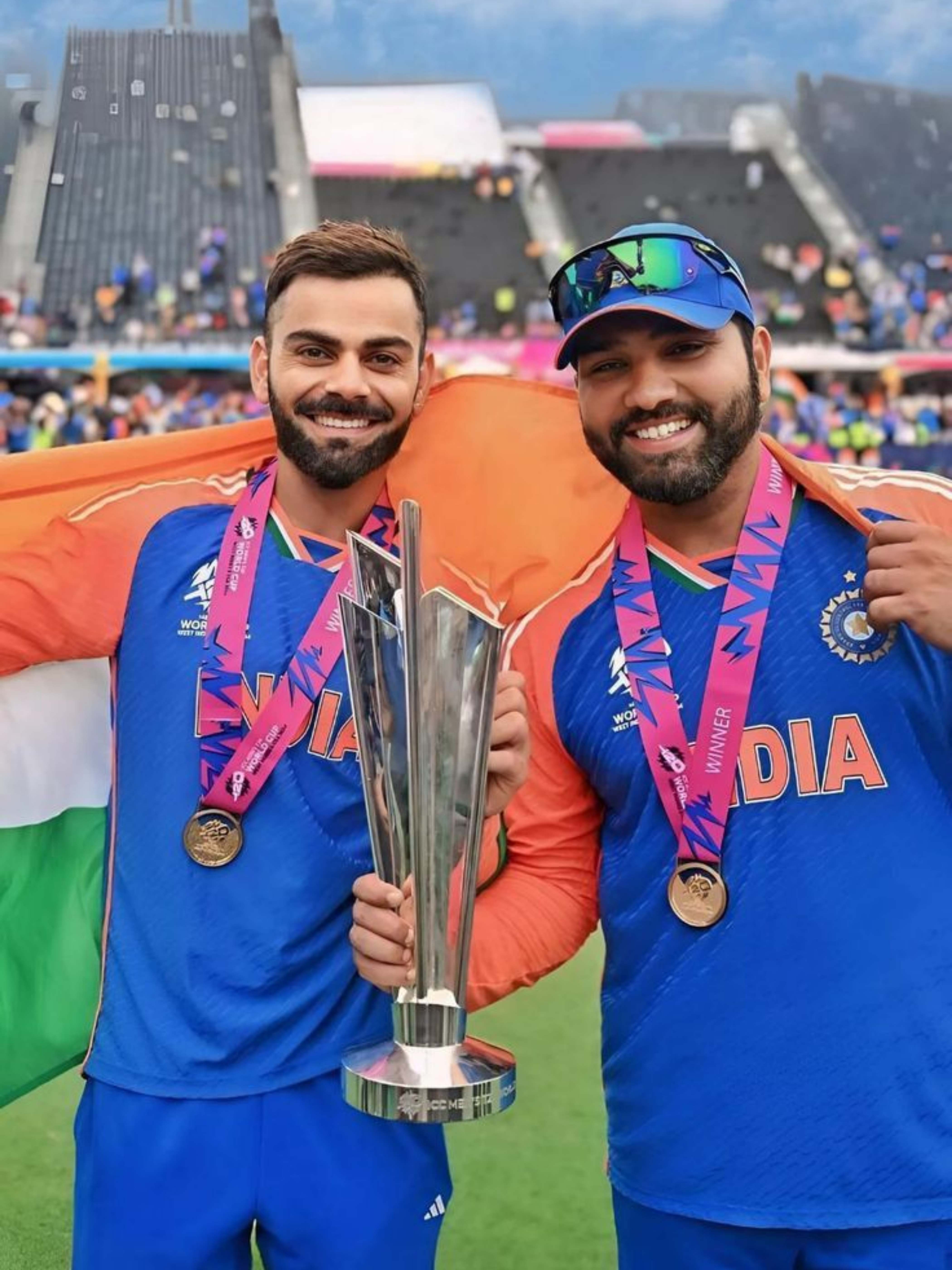 King Kohli and Hit Men celebrating with the T20 World Cup 2024 trophy, holding the Indian flag – 4K victory celebration photo