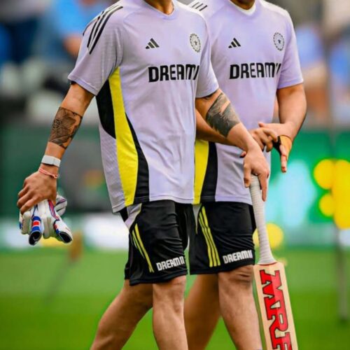 Virat and Rohit during a practice session wearing training kits and holding cricket gear – 4K sports wallpaper