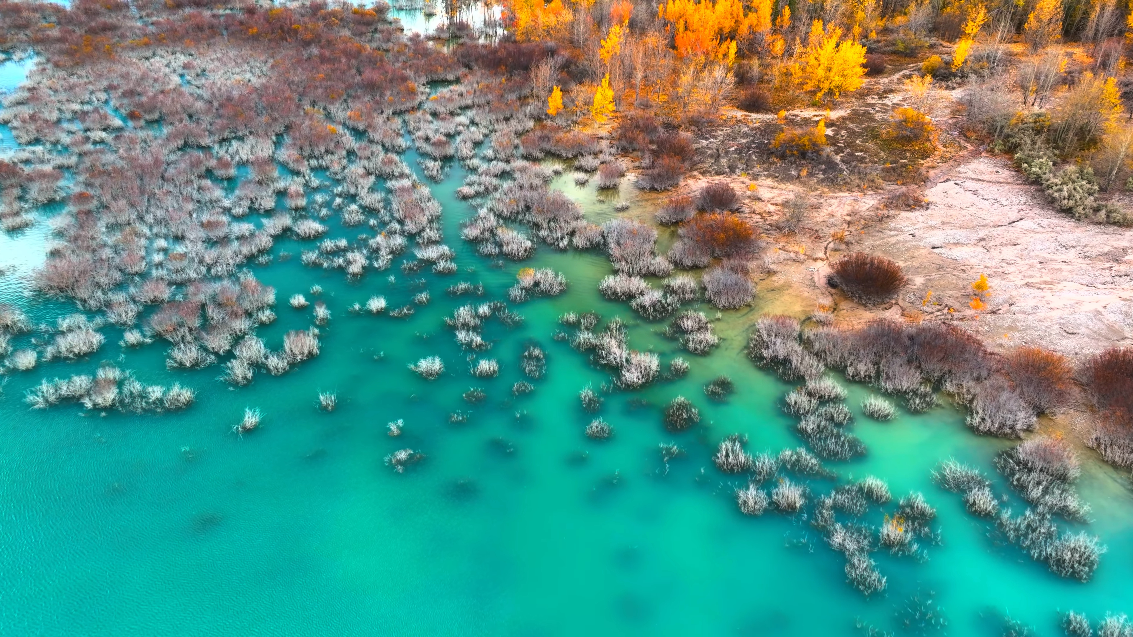 Color Wallpaper 4K turquoise lake aerial view with rocks