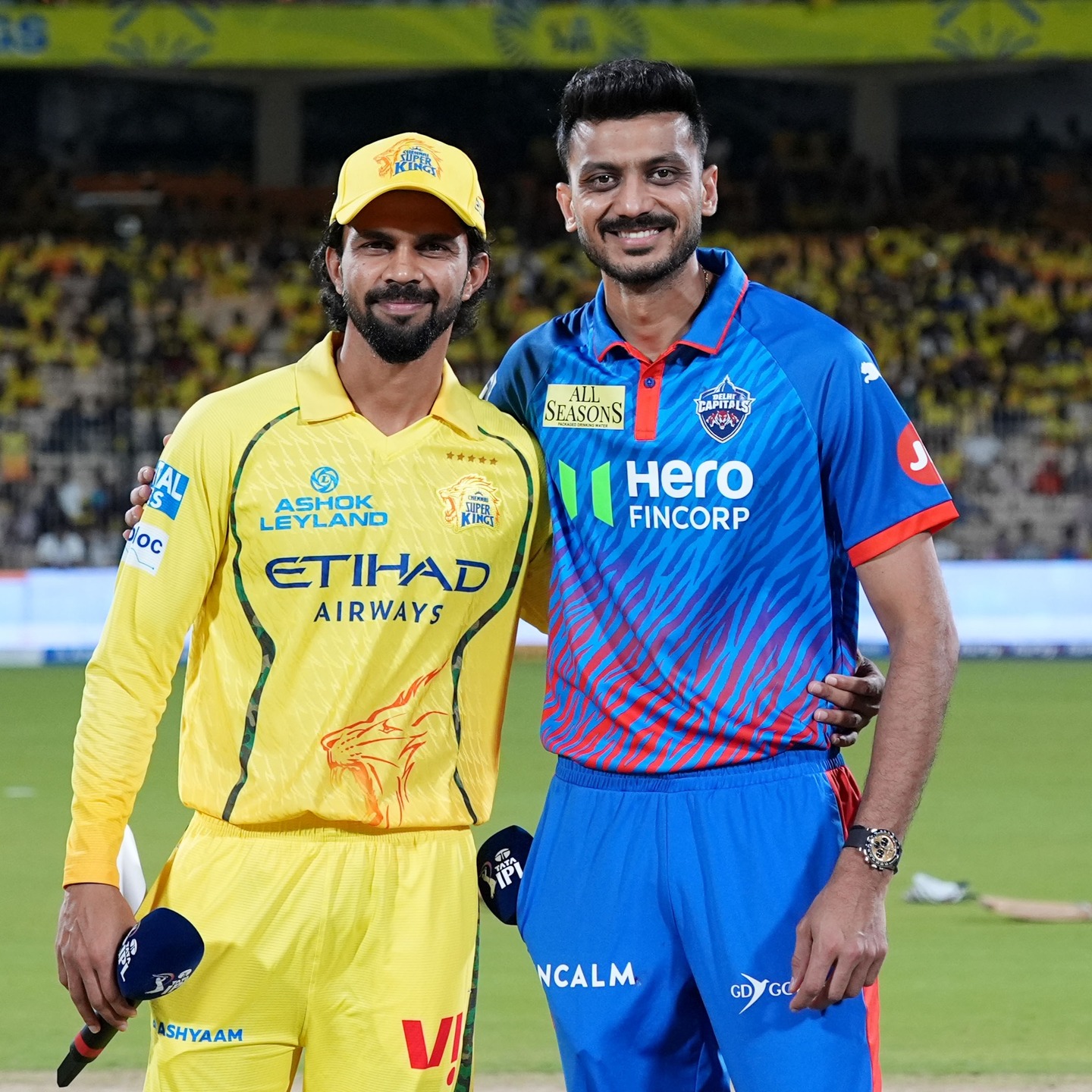 CSK and Delhi Capitals captains posing together before IPL match