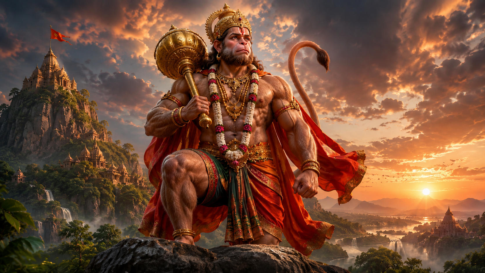 Veer Hanuman standing powerfully with golden gada at sunset, divine warrior pose, epic Hindu mythology 4K wallpaper