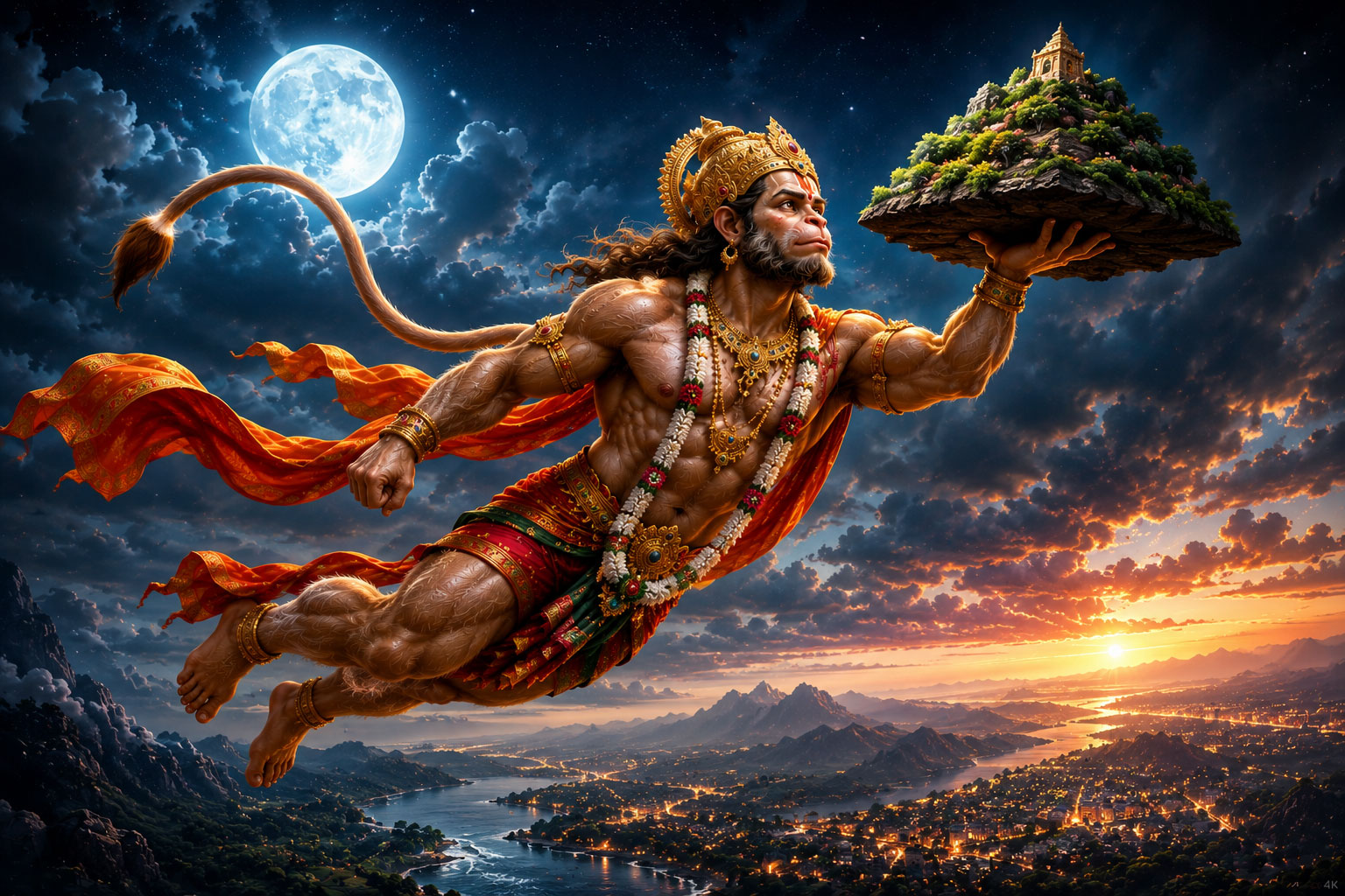 Hanuman flying with Sanjeevani mountain in hand, epic Hindu mythology 4K wallpaper