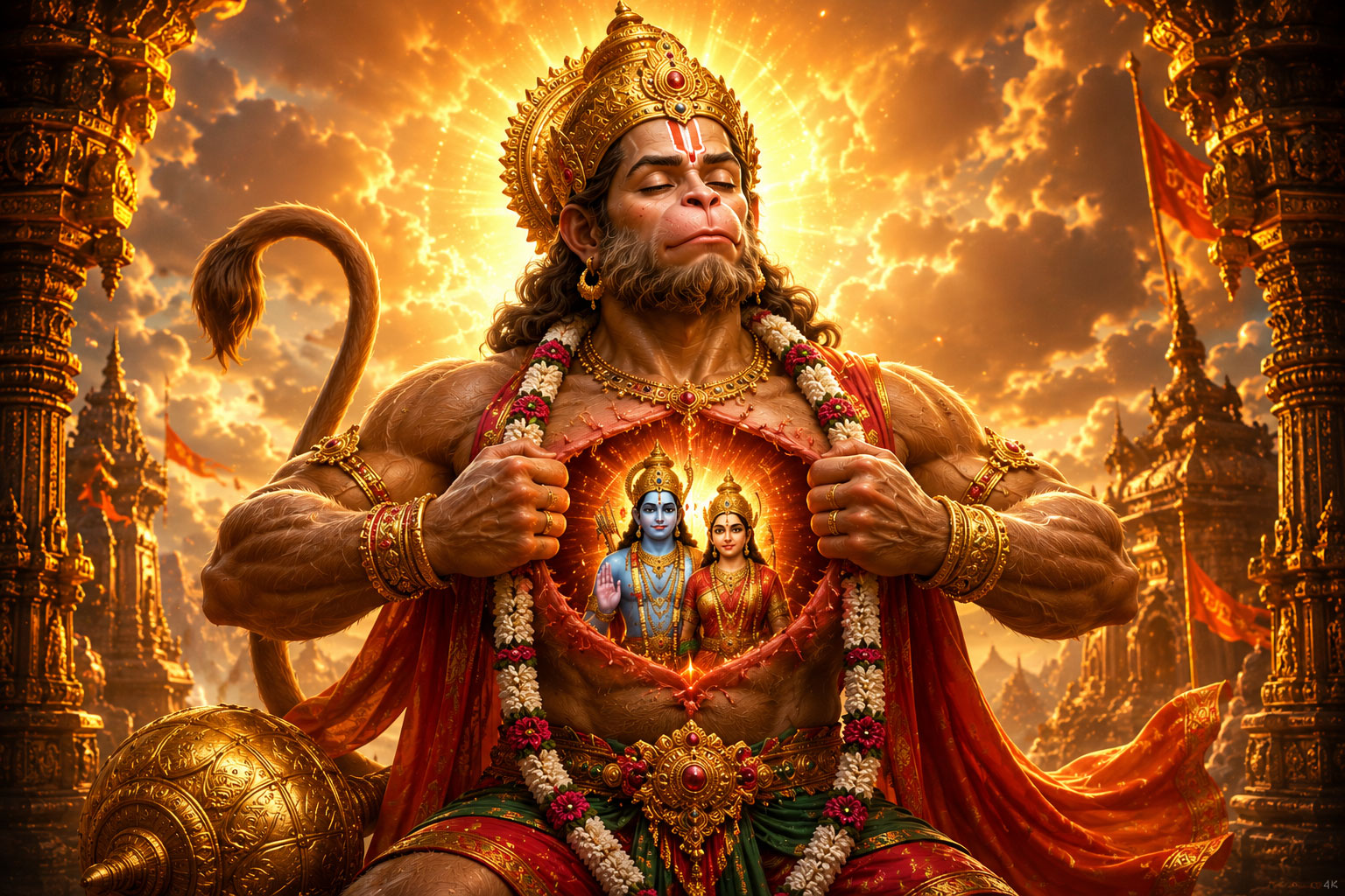 Shri Hanuman opening his chest showing Lord Ram and Sita, devotional 4K wallpaper