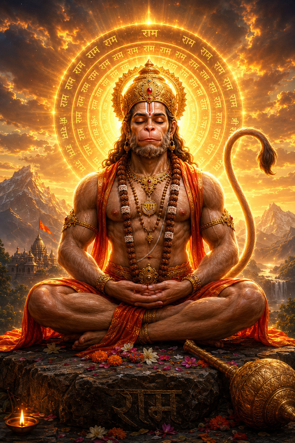 Lord Hanuman in deep meditation with divine glowing aura, spiritual 4K wallpaper
