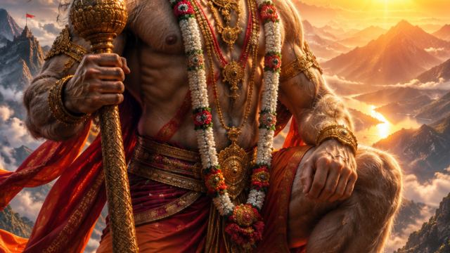 Shri Hanuman Wallpaper Download - Powerful Lord Hanuman standing on a mountain peak at sunrise, holding a golden mace (gada), with a divine aura, dramatic sky, and majestic Himalayan landscape in ultra HD 4K quality.
