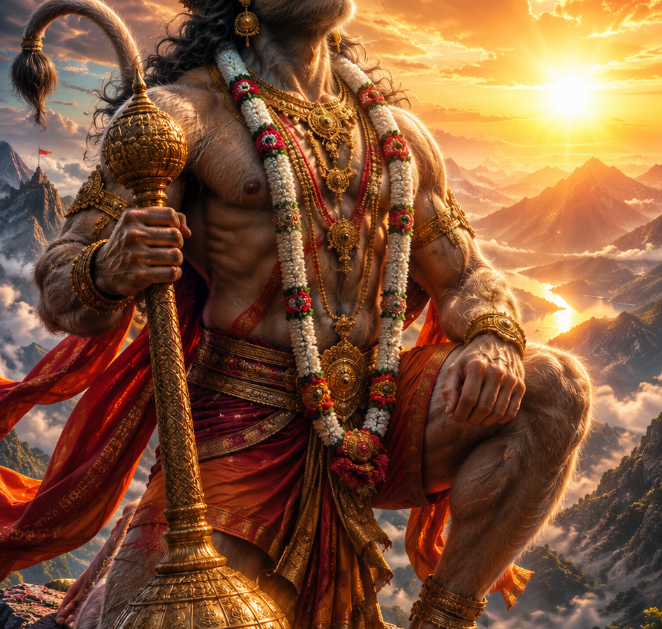 Shri Hanuman Wallpaper Download - Powerful Lord Hanuman standing on a mountain peak at sunrise, holding a golden mace (gada), with a divine aura, dramatic sky, and majestic Himalayan landscape in ultra HD 4K quality.