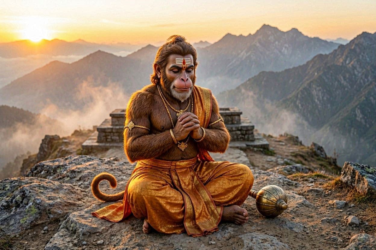 Shri Hanuman Wallpaper Download - Lord Hanuman sitting in a devotional bhakti pose with folded hands and mountain background.