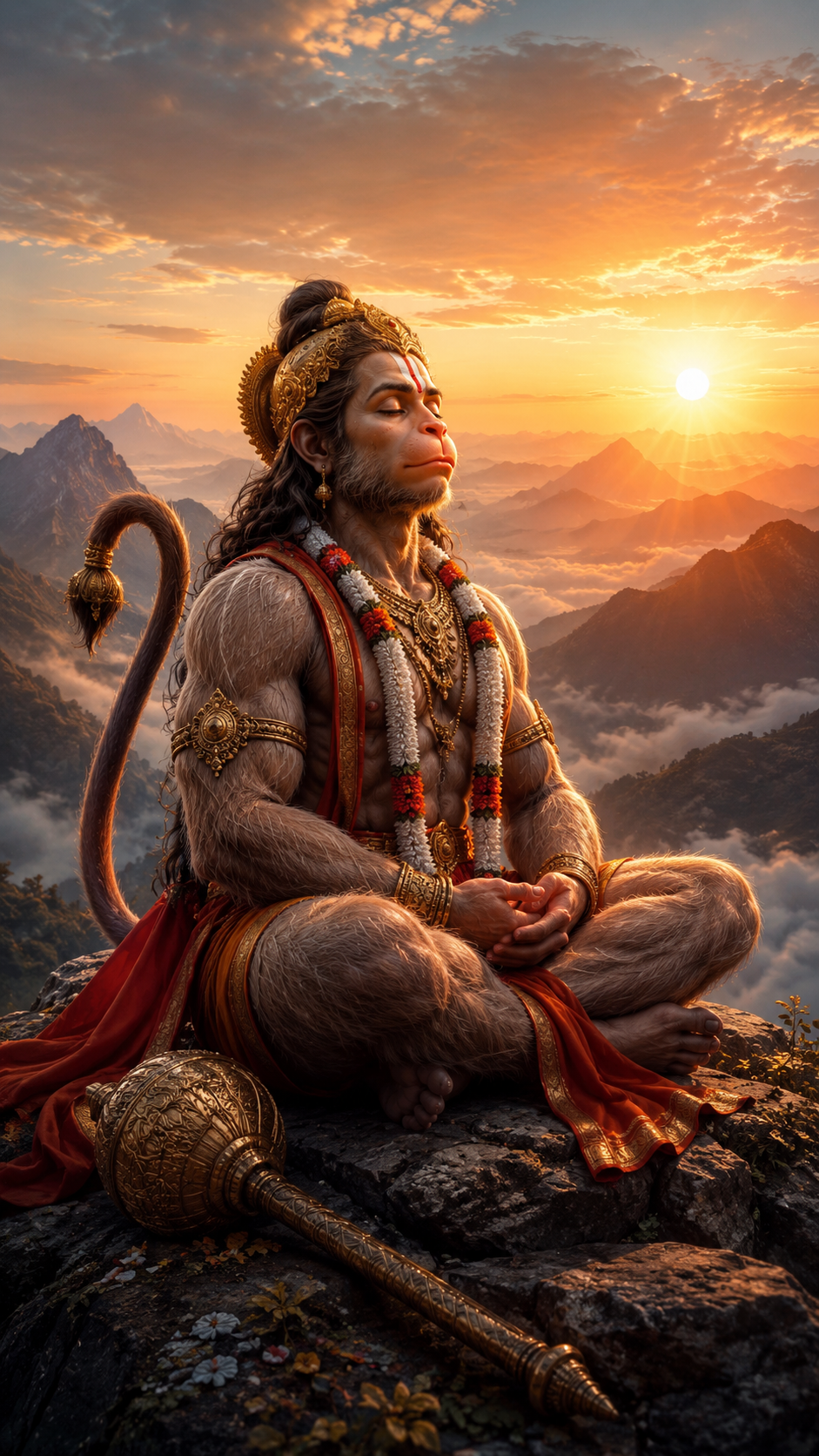 Shri Hanuman Wallpaper Download - Lord Hanuman meditating on a mountain at sunrise with a divine peaceful aura in 4K quality.