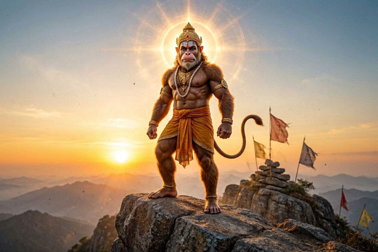 Shri Hanuman Wallpaper Download - Devotional Hanuman wallpaper featuring Lord Hanuman praying peacefully in a mountain landscape.