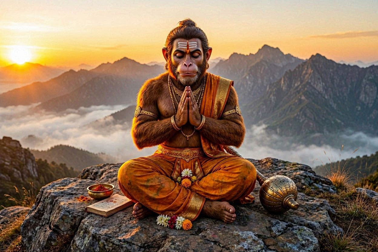 Shri Hanuman Wallpaper Download - Powerful Lord Hanuman standing on a mountain peak during sunrise with divine light.