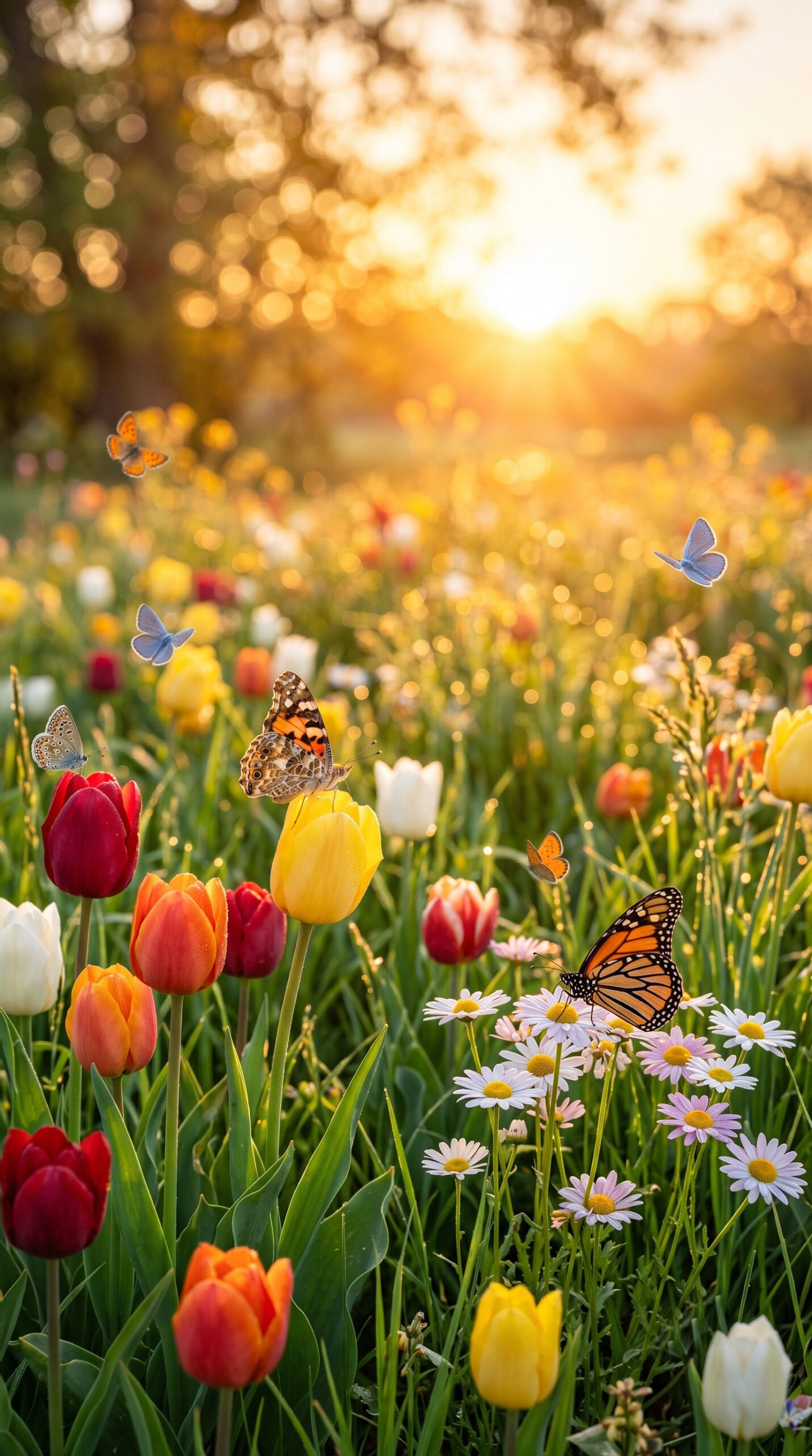 A colorful flower garden glowing in the morning sunlight with butterflies and fresh spring flowers.