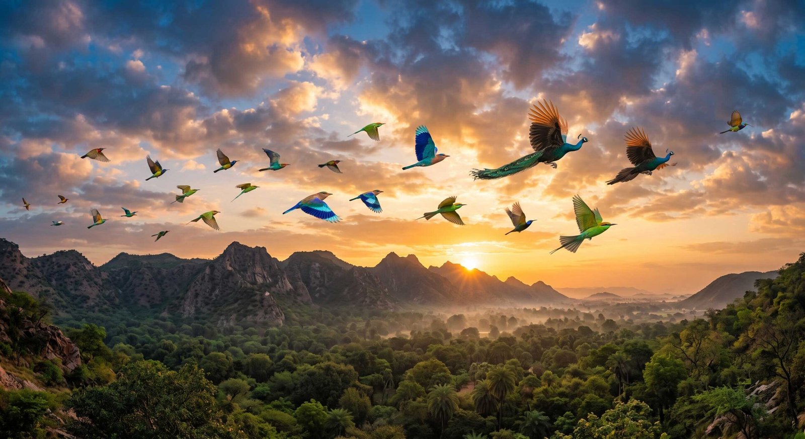 Birds flying across a colorful sunrise sky bringing a fresh and positive Good Morning feeling.