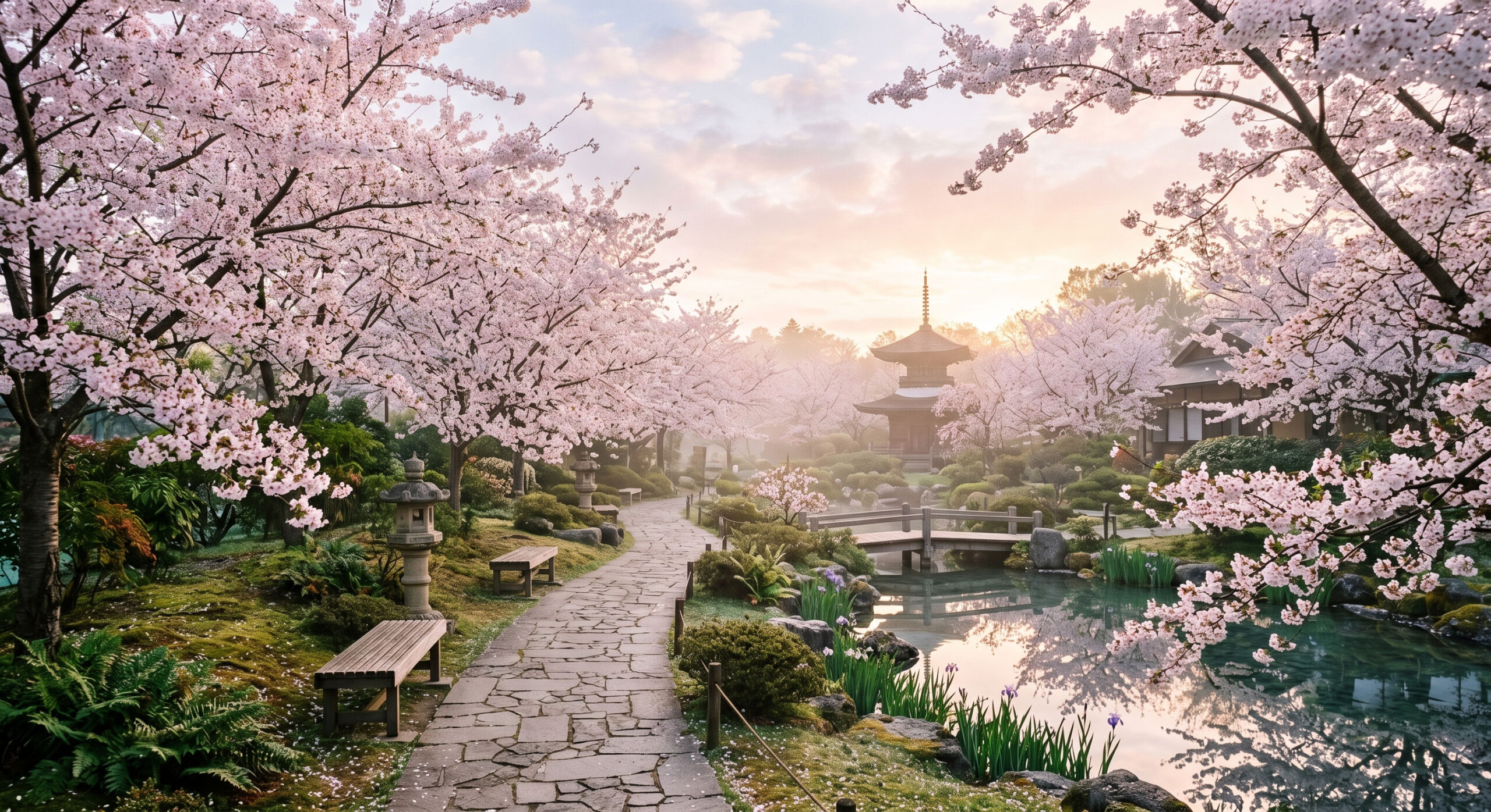 Cherry blossom trees blooming during a peaceful spring morning.