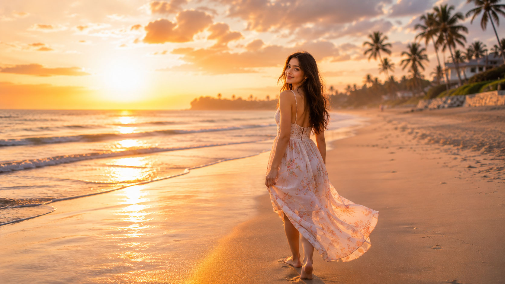 Cute girl enjoying a peaceful beach sunrise with golden sunlight and ocean waves.