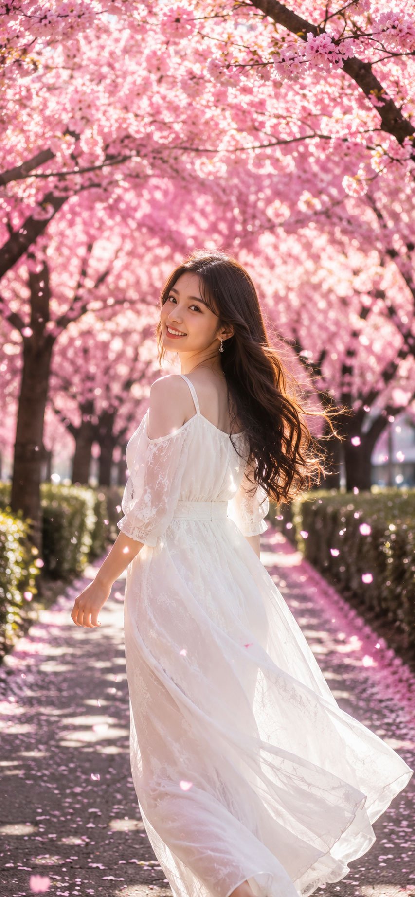 Cute girl walking through a beautiful cherry blossom garden during spring, HD 4K wallpaper.