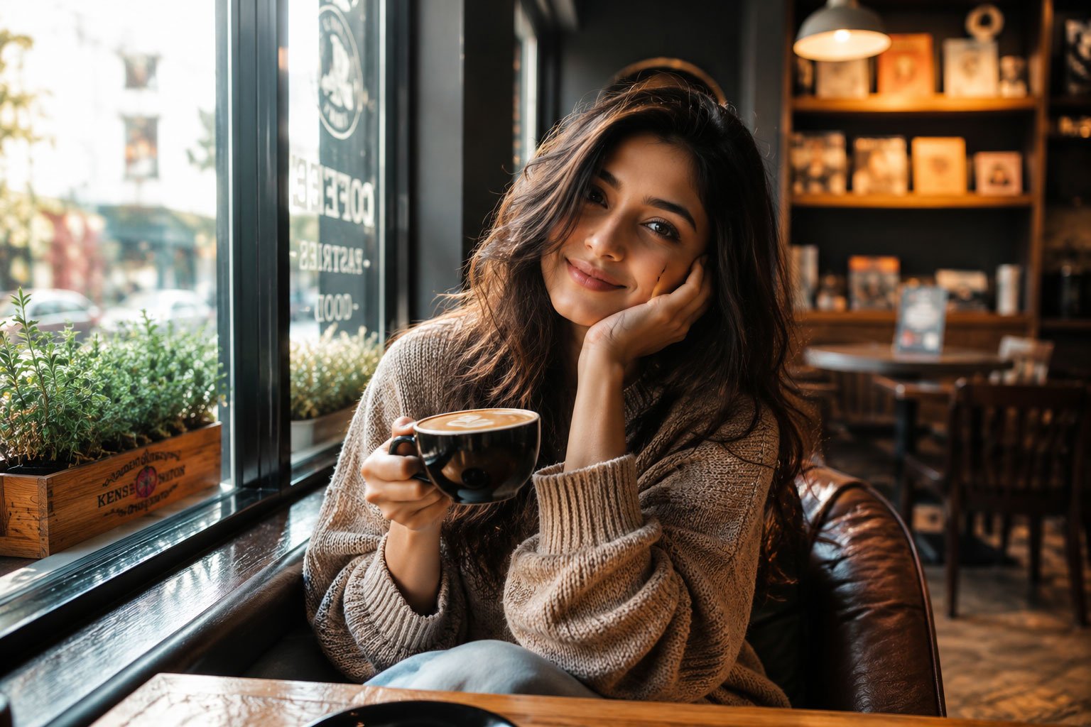 Stylish girl enjoying coffee in a cozy café with warm morning light, aesthetic 4K wallpaper.