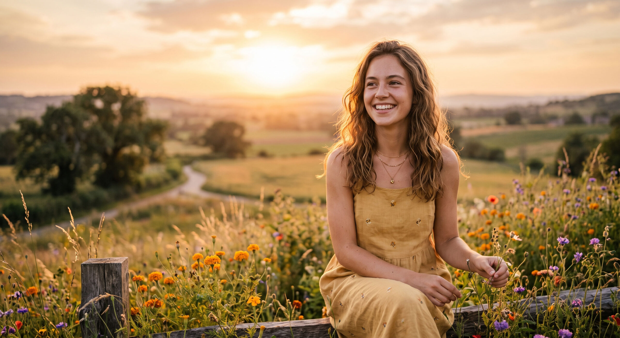 Beautiful girl smiling naturally during the golden hour outdoors.