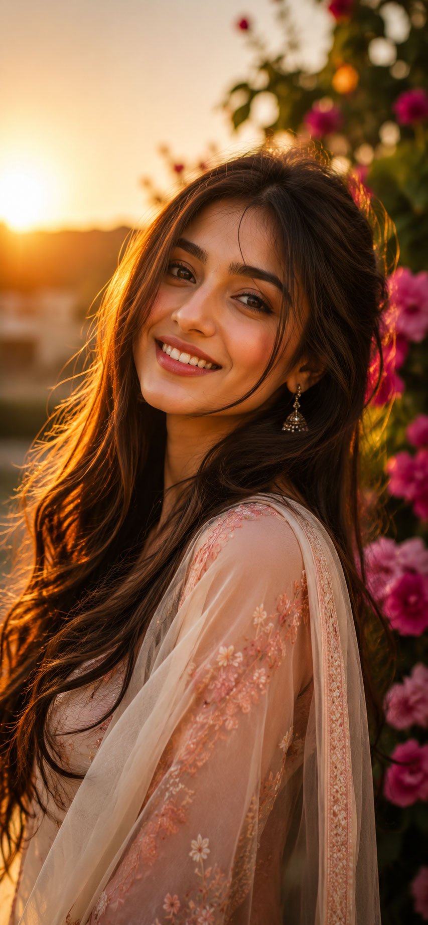 Beautiful girl smiling in warm golden sunlight with a natural outdoor background, 4K wallpaper.
