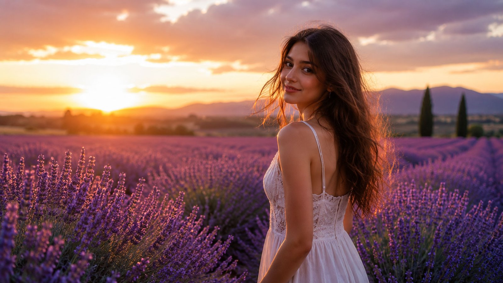 Beautiful girl standing in a lavender flower field during sunset, HD nature wallpaper.